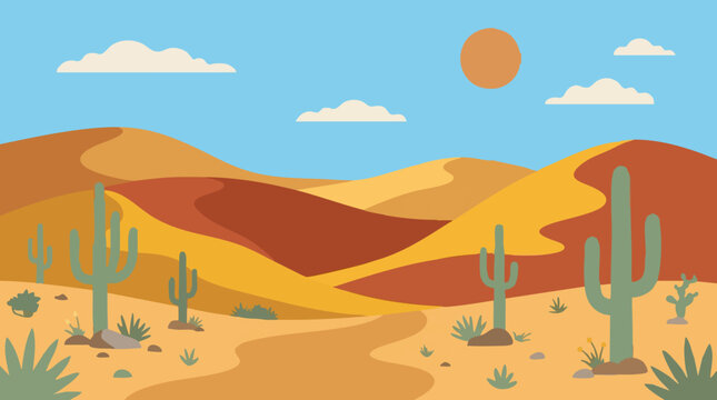 Sunny desert landscape with sand dunes, saguaro cacti, and blue sky
