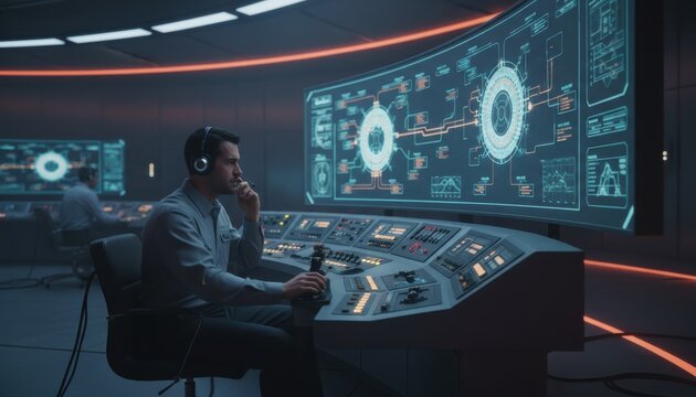 Professional nuclear power plant operator monitoring core reactor systems inside a high technology control room