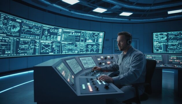Professional nuclear power plant operator monitoring core reactor systems inside a high technology control room