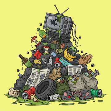 Vector cartoon of trash piled up into a mountain