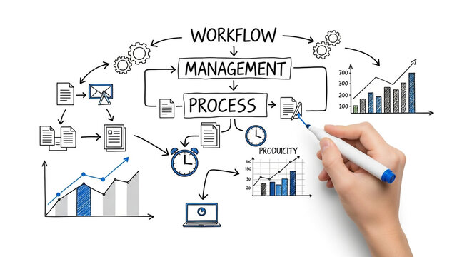 A hand draws a diagram illustrating workflow management and process optimization, with charts and graphs symbolizing productivity and growth