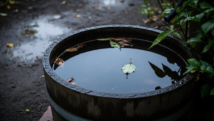 Fototapeta premium Rustic Wooden Rain Barrel Filled with Water and Floating Autumn Leaves in a Garden on a Rainy Day