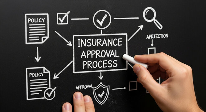 Insurance approval process flowchart drawn with chalk on a blackboard, showing steps like policy, checks, and protection