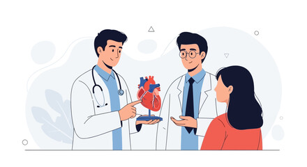 Fototapeta premium Doctors explaining heart model to patient, concept of cardiology consultation, medical education, and healthcare.