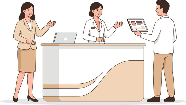 Business professionals interacting at a reception desk during a conference with a tablet for information sharing