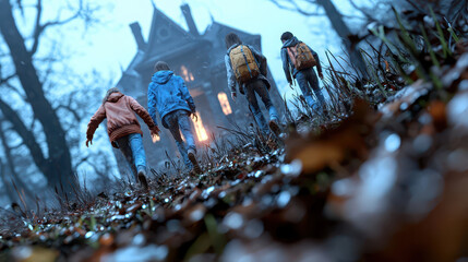 Naklejka premium Four individuals walking towards haunted house in dark, eerie forest, surrounded by wet leaves and mist, creating suspenseful atmosphere