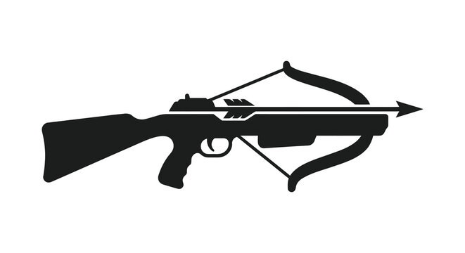 Black silhouette of a crossbow with arrow isolated on a white background
