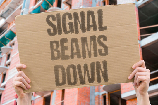 "Signal beams down" Data travels from satellites to Earth. TRANSMISSION. RECEPTION. QUALITY. DISH. RELIABLE.