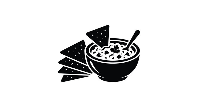 Tortilla chips and bowl of dip black silhouette on white background