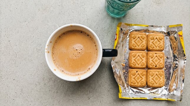 Cup of tea with biscuits on a table indian chai time snack