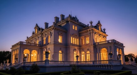 Obraz premium Elegant mansion at dusk with illuminated windows and landscaped grounds