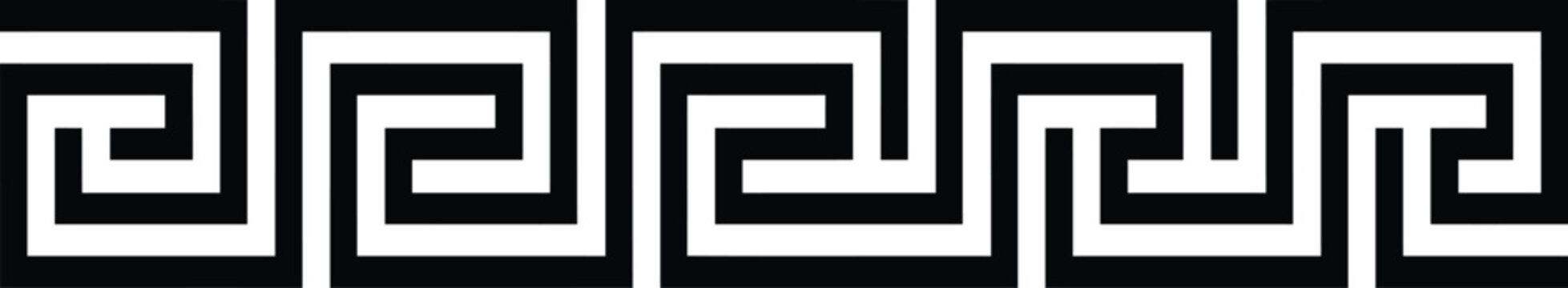 Greek meander key pattern border vector design featuring traditional geometric labyrinth ornament in black and white.