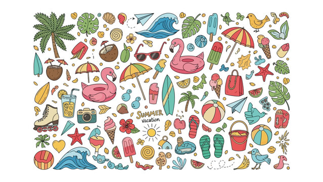 Summer Vacation Fun: A vibrant collection of hand-drawn icons captures the essence of a joyous summer vacation, featuring beach essentials, tropical motifs, and festive treats.