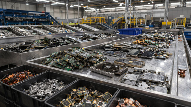 Recycling facility processes electronic waste in a busy workspace with various components and materials spread out on tables