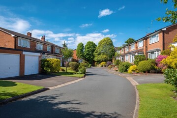 Fototapeta premium Suburban street scene with houses, greenery, & sunny blue sky