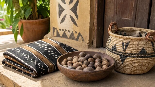 shea. Mud cloth fabric with shea nuts and woven basket, West African craft and natural decor. event programs, museum guides, designed for cultural heritage projects and event programs.