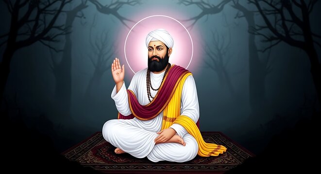 A seated religious figure with a halo, facing forward in a forest setting