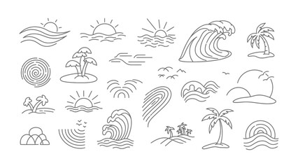 Coastal Icon Collection: A hand-drawn collection of linear icons depicting various seaside elements like waves, sun, islands, and palm trees, perfect for travel and summer themes. © Halima