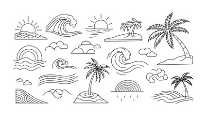 Tropical Beach Icons: A collection of stylized line art icons depicting tropical beach elements, including waves, palm trees, islands, sun, and rainbows, perfect for travel and summer themes. © Halima