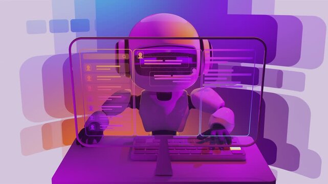 4k 3d animation of cute futuristic robot interacting with a  computer. Concept of an AI chatbot, virtual assistant, machine learning program, and smart automated customer support.