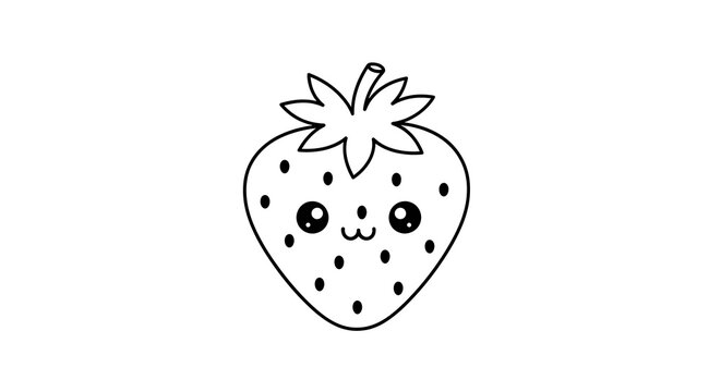 A simple, black and white cartoon drawing of a smiling strawberry with seed details
