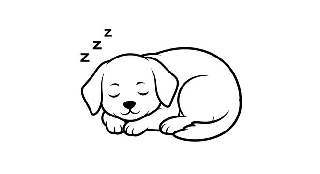 A simple black and white illustration of a sleeping puppy, curled up, with "z" symbols