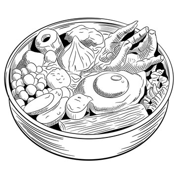 Hand drawn sketch of Indonesian seblak bowl with chicken claws and egg on white background