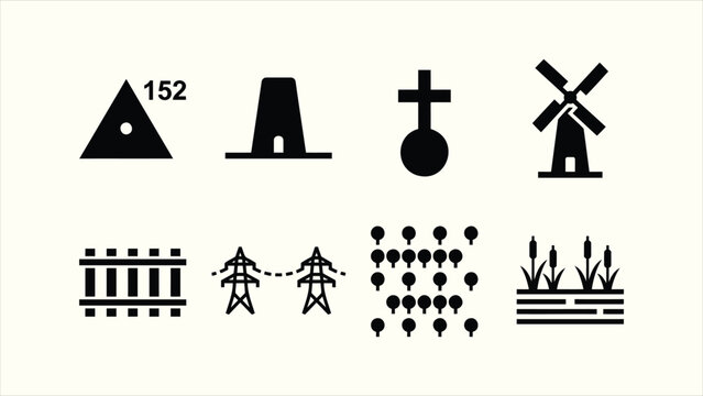 Geographic landscape and topographic map symbol icon set collection vector