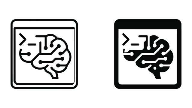 Artificial intelligence digital brain icon set in flat vector style showing neural network processing inside browser window for modern software development and machine learning technology concepts