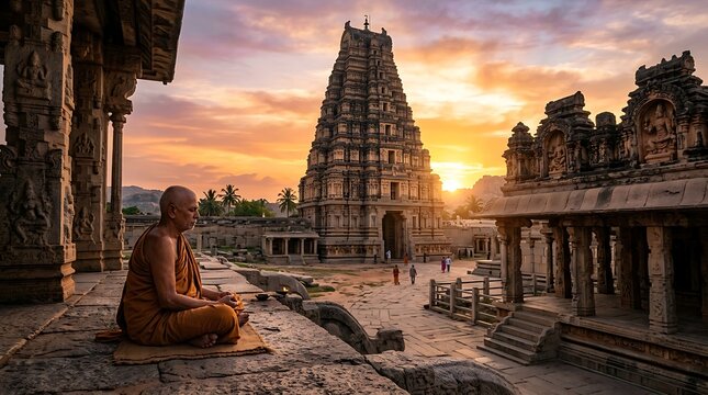 Monk Meditating at Virupaksha Temple in Hampi India During a Vibrant Sunset.