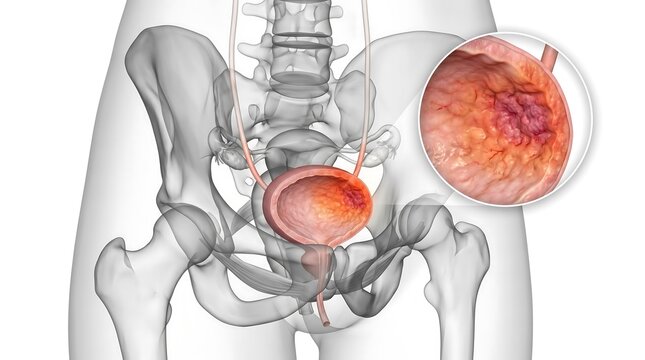 Medical Illustrations of Human Pelvic Anatomy with Bladder Tumor and Urination Pathology