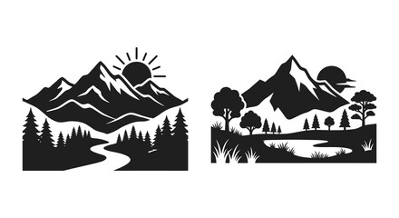 Mountain Landscape Silhouettes With Sun And Trees Black On White © MosaRabeya