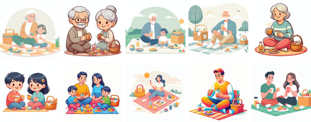 Fototapeta premium Vector of a family sitting on a picnic mat enjoying snacks and drinks. Vector, illustration, minimalist, flat