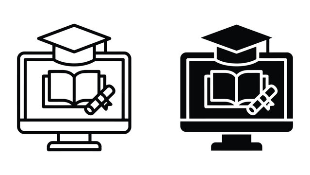 Online education concept featuring computer screen with graduation cap and open book icon set in flat linear and solid black vector style for digital learning platforms and academic websites