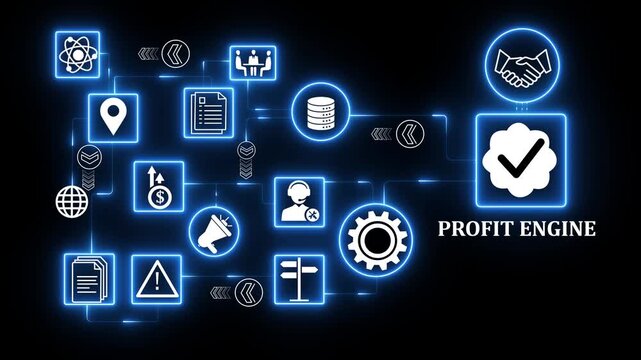 Futuristic Profit engine Workflow Animation with Neon Digital Process Icons and Corporate Technology Network.