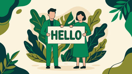 Man and woman holding 'Hello' sign in green nature-inspired illustration © Creative Layer