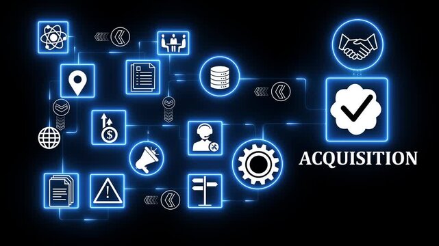 Neon Business acquisition Routing Workflow Concept with Digital Automation, Data Flow and Network Connectivity Icons
