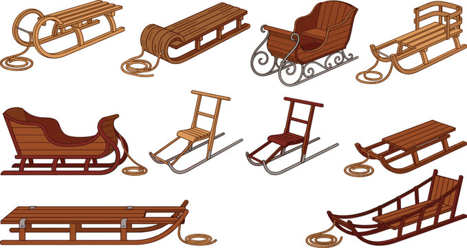 Wooden winter sled and vintage christmas sleigh vector icon set featuring traditional wooden toboggan kicksparks snow sledges with ropes and ornate metal runners elements.