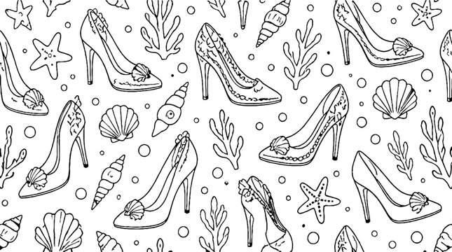 Elegant high heel shoes and seashells pattern design.