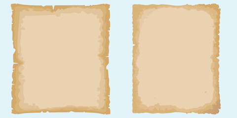 Fototapeta premium Assorted aged paper sheets and rough edge parchment frames for vintage document templates isolated on light blue background surface area.