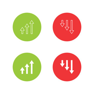 Business trend arrow icon in green and red circle. Upward and downward arrows symbol