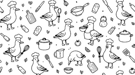 Naklejka premium Cartoon seagulls cooking with kitchen utensils and ingredients.