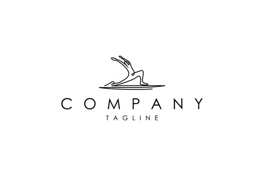 Vector logo on which an abstract image of a girl on the mat doing yoga with linear style.