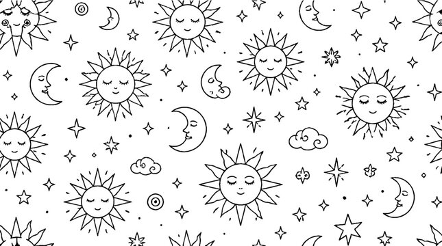 Whimsical celestial pattern with sun moon and stars.