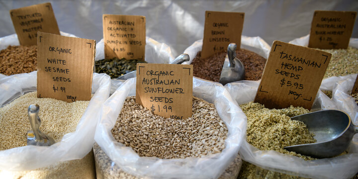 Organic Seed Varieties Displayed in Bulk for Grocery or Market Use - horizontal