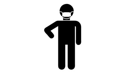 Person wearing a protective face mask stands in a simple black silhouette pose representing health safety and hygiene protocols. © Sami