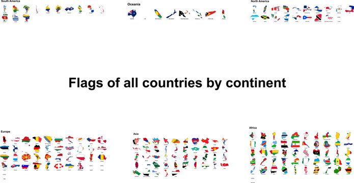 World map silhouette flag poster chart infographic arranged by continent for international country and nation designs