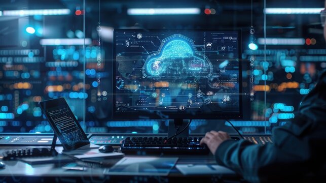 Systems administrator analyzes glowing cloud security protocols on a large display, utilizing a high-tech desk setup with multiple digital devices in a dark and moody high-security server room.
