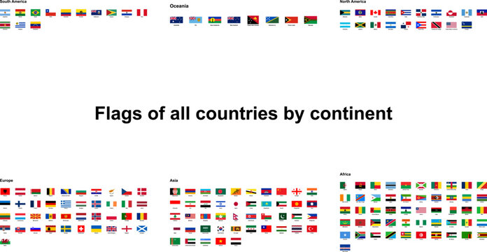 All world country flag poster chart infographic organized by continent for international nation and global designs