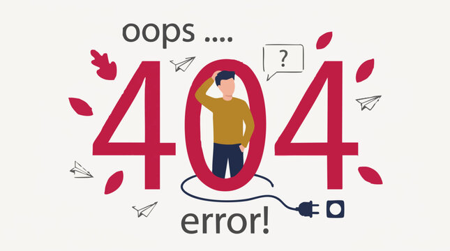 404 error page concept with confused man, unplugged cable, and falling leaves